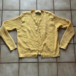 Vntg Club Classics Cardigan Women Medium Yellow Cable Knit 100% Cotton Feminine